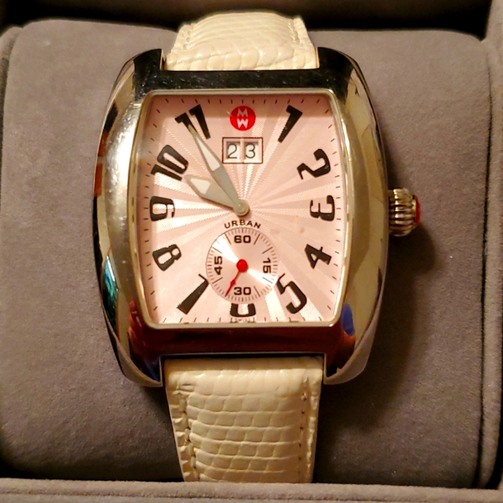 Michele Urban Deco watch with pink face.